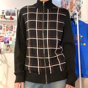 Express Black and Red Plaid Zip-Up Sweater